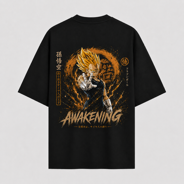 Awakening - Vegeta in Amber Aura, Directional Graphic Streetwear Tee - mockup